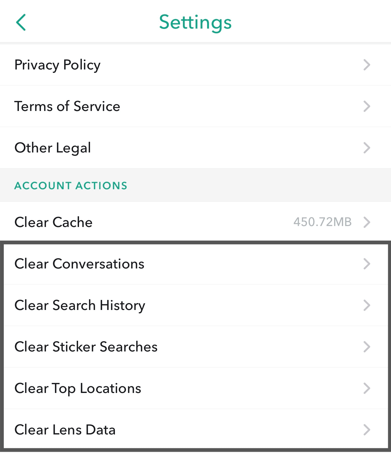 Clear Conversations, Search history, Sticker Searches, Top Locations and Lens Data in Snapchat app settings