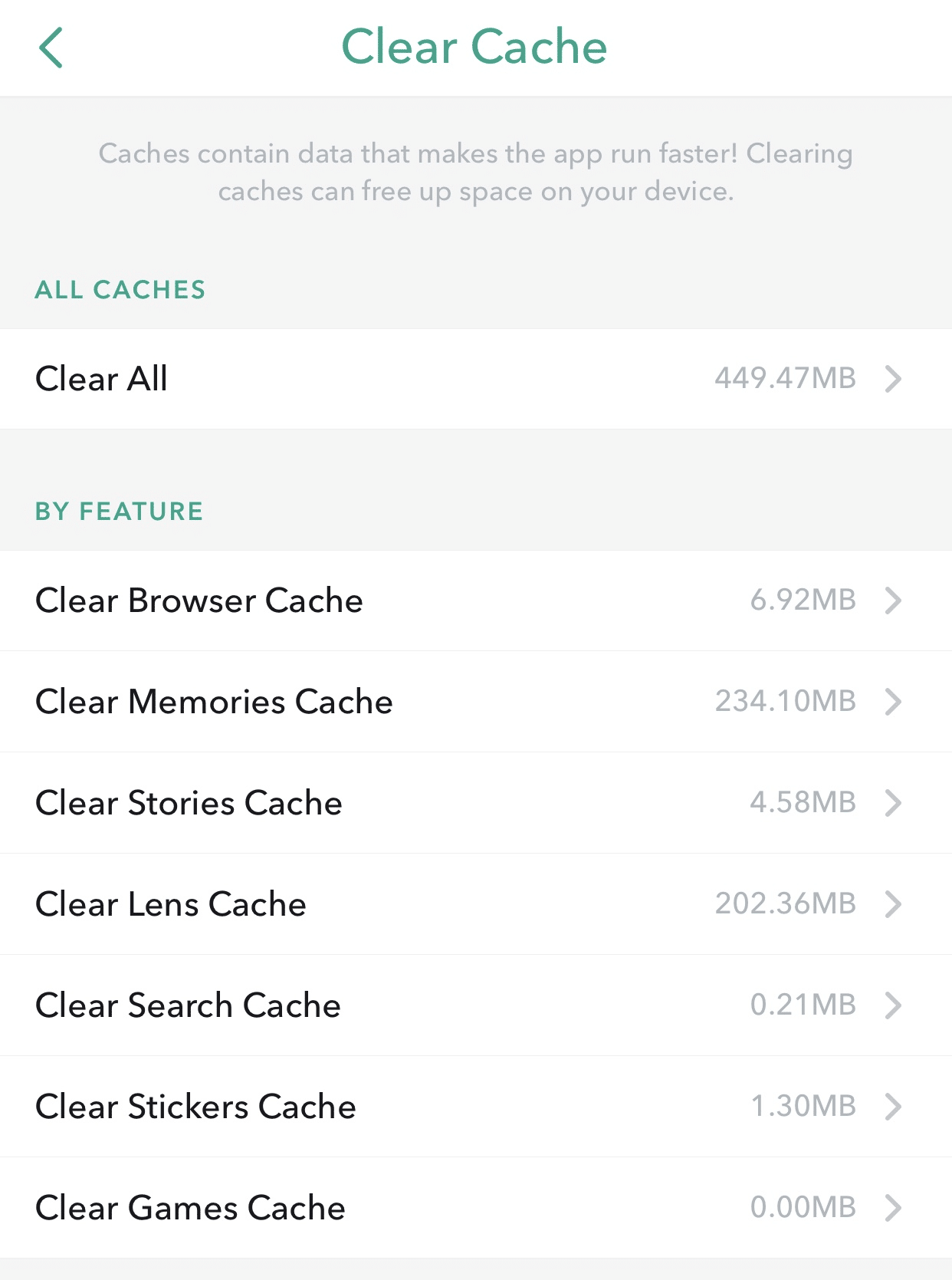 clear Snapchat app cache through Snapchat settings