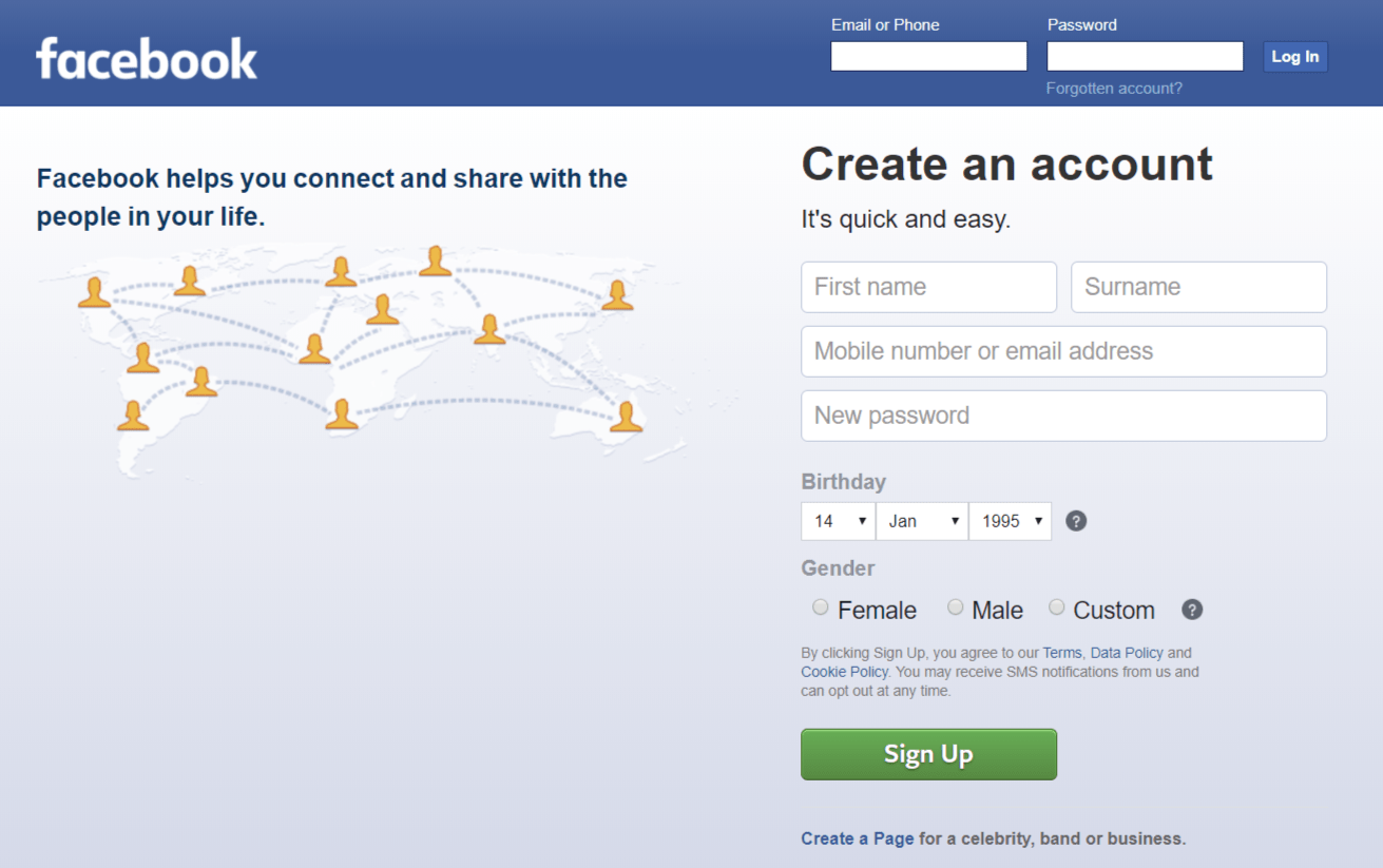 Facebook log in page