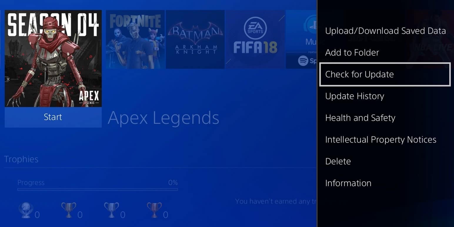 Checking Update for PS4 game to fix unable to connect to EA servers