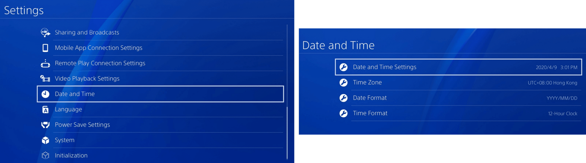 Checking date and time settings PS4 to fix unable to connect to EA servers error