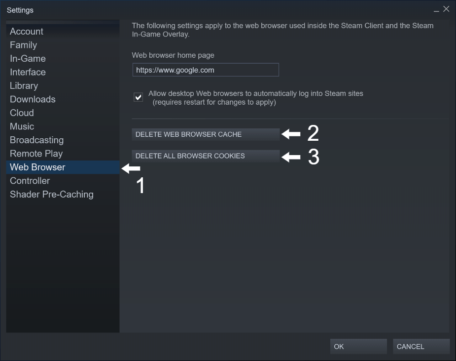 delete steam web browser cache and cookies