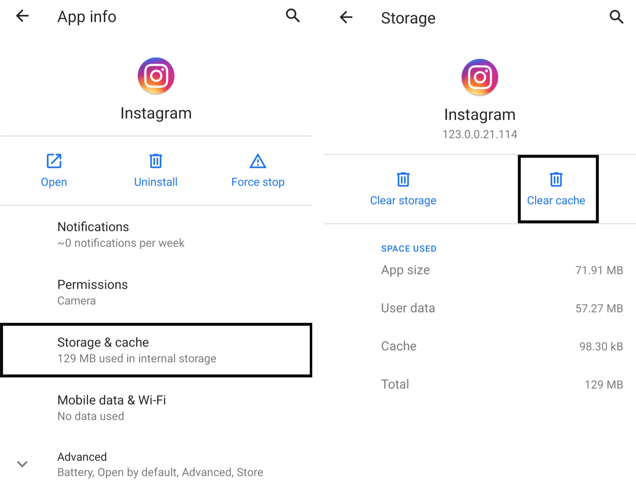 clear instagram cache android to fix instagram not sharing to facebook
