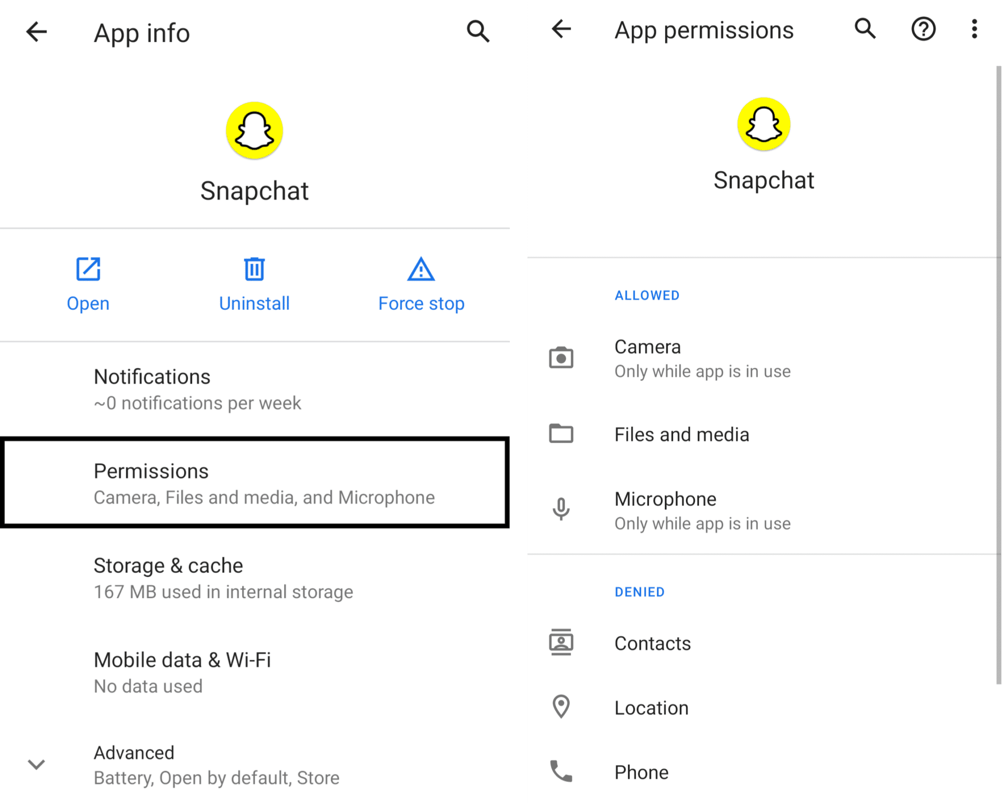 disable and enable Snapchat app permissions on Android to fix Snapchat notifications not working
