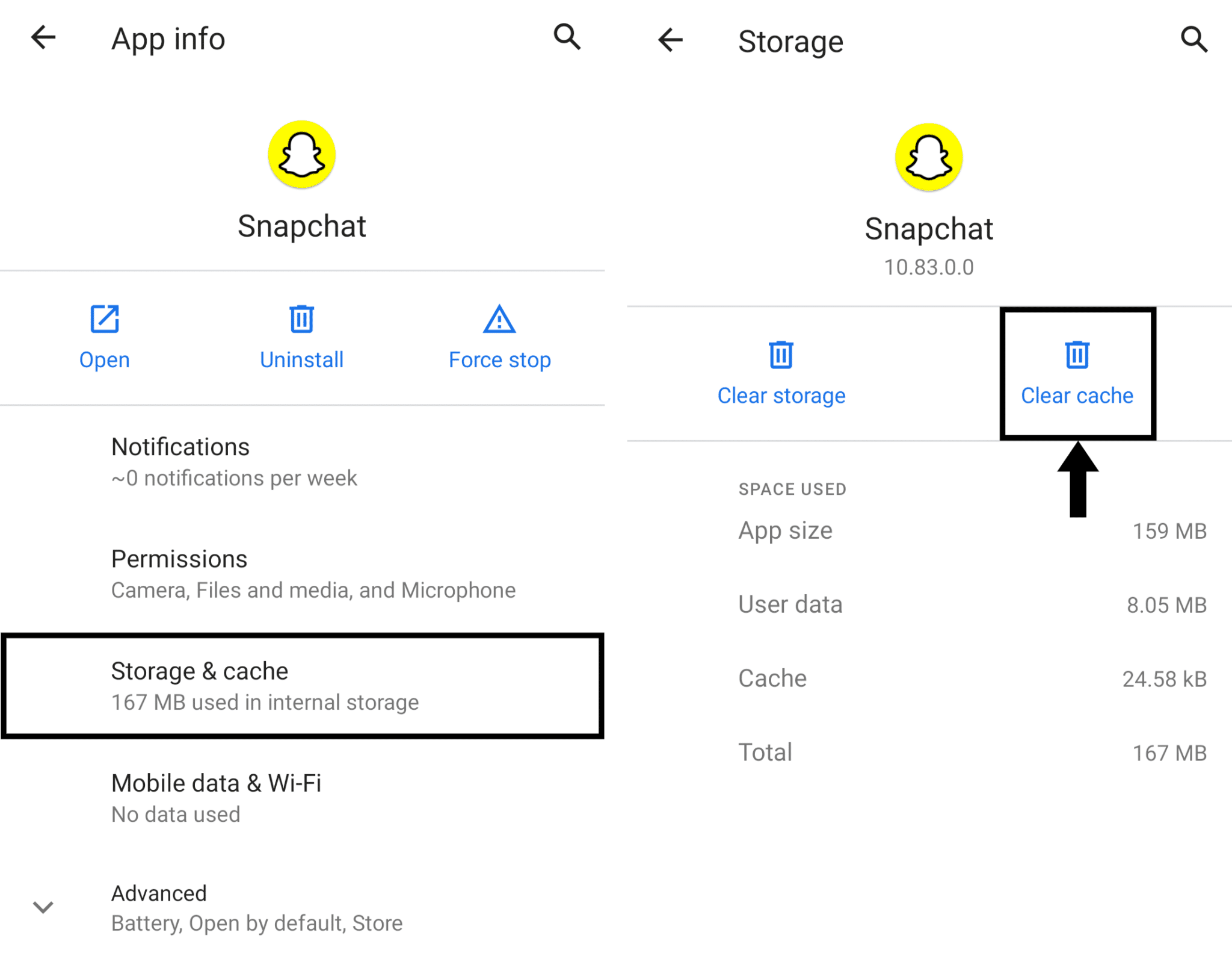 Clear Snapchat cache on Android to fix Snapchat notifications not working