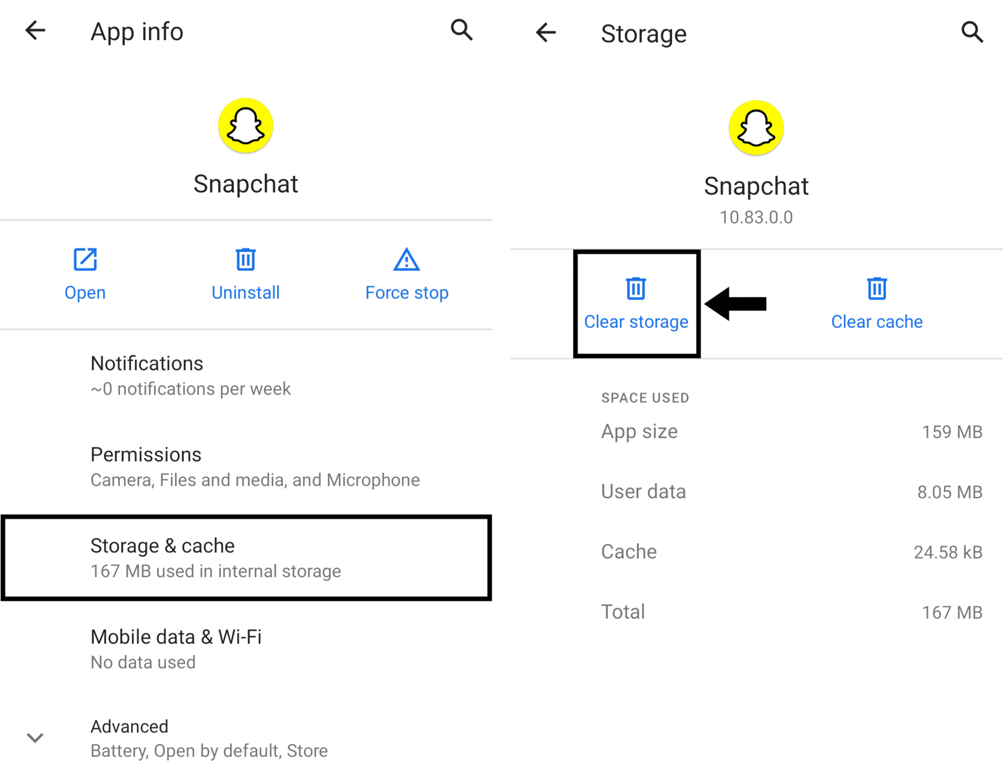 Clear Snapchat app data on Android to fix Snapchat notifications not working