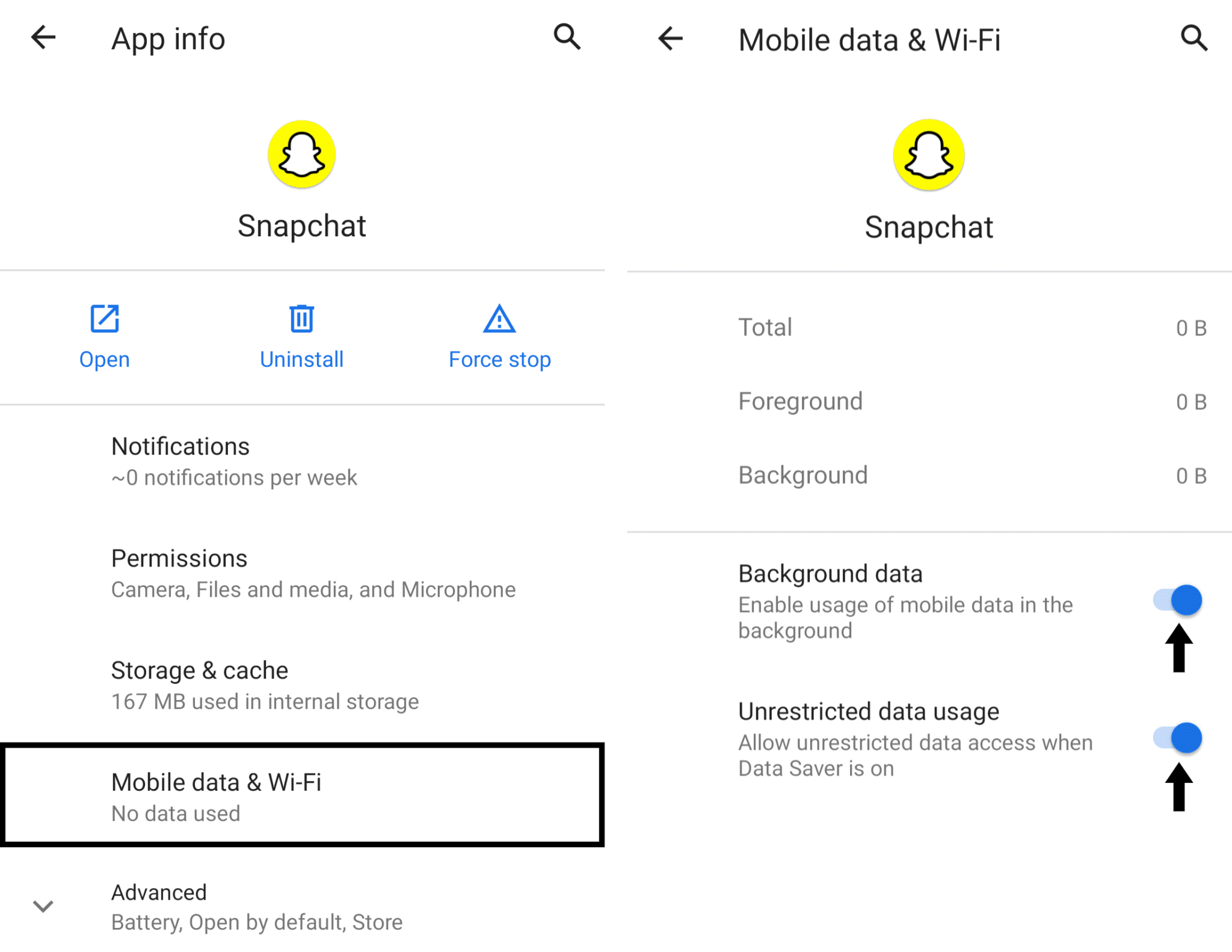 allow background data usage on Android to fix Snapchat notifications not working