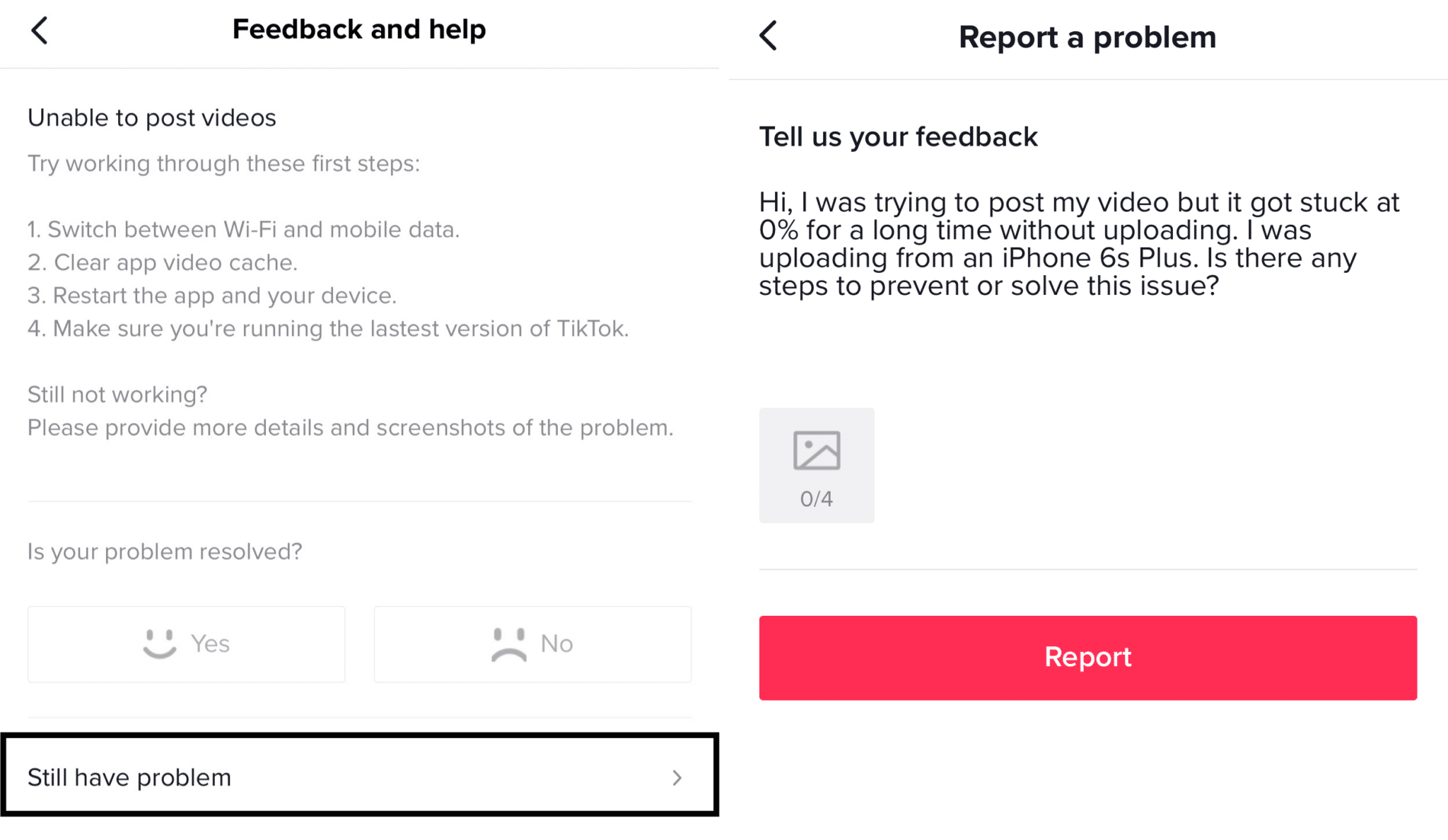 Report problem to TikTok to fix TikTok video not posting