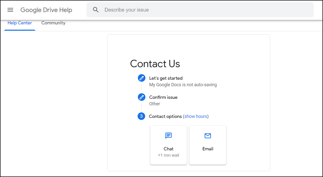 Contact Google Drive Support to fix google docs and sheets not saving