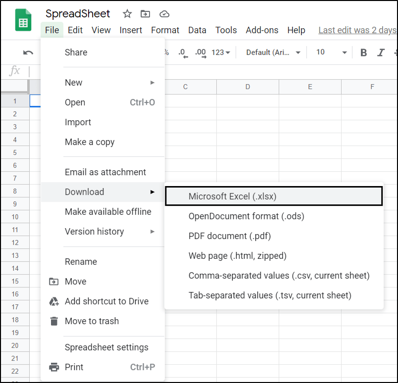 download google sheet to use with Microsoft Excel online