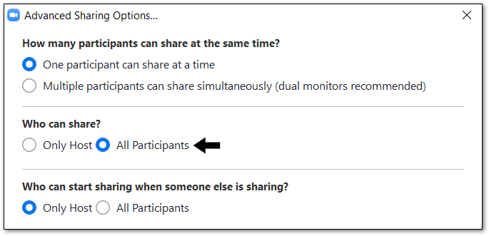 Enable participant screen sharing to fix zoom share screen not working