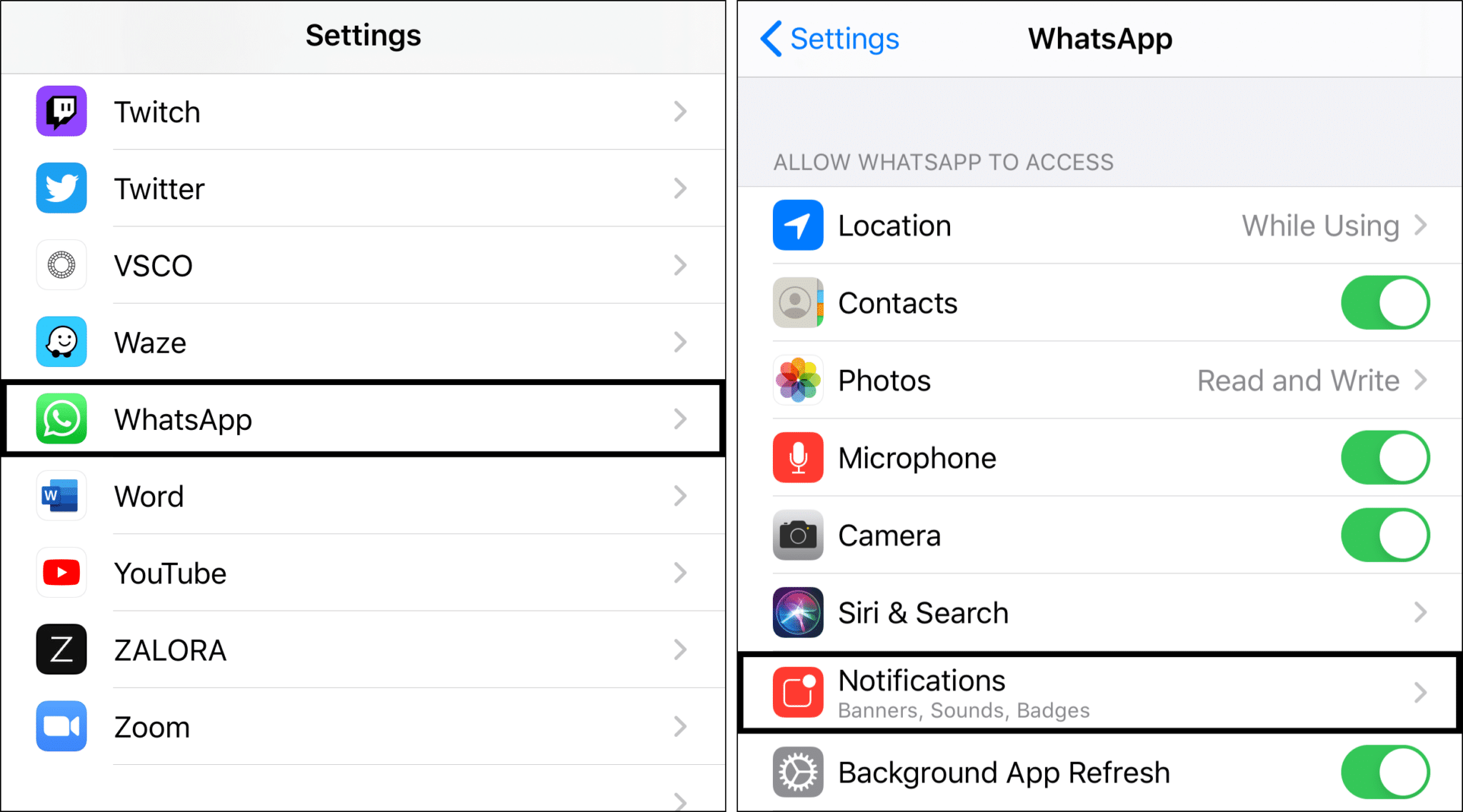 Enable whatsapp notification settings to fix Whatsapp calls not ringing on iPhone
