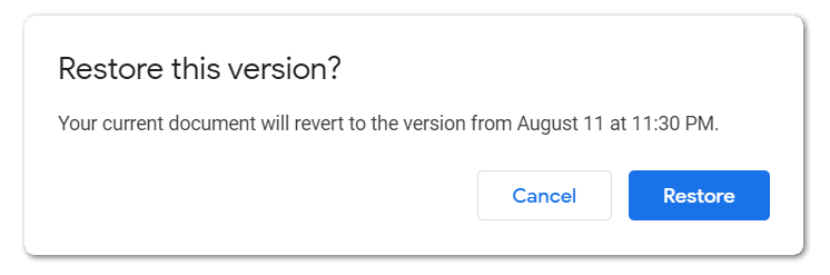Restore the last saved version to fix google docs or sheets not saving