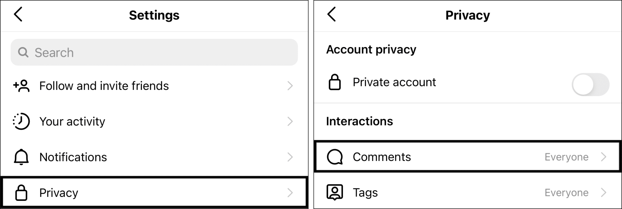 check the Instagram privacy settings for comments to fix comments not showing, blocked or couldn't post