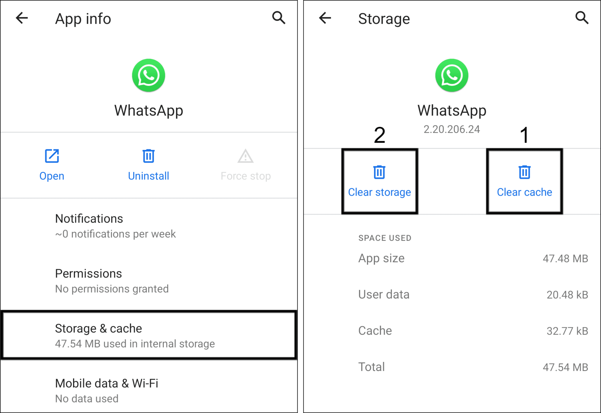clear whatsapp cache and app data on Android to fix whatsapp status not uploading