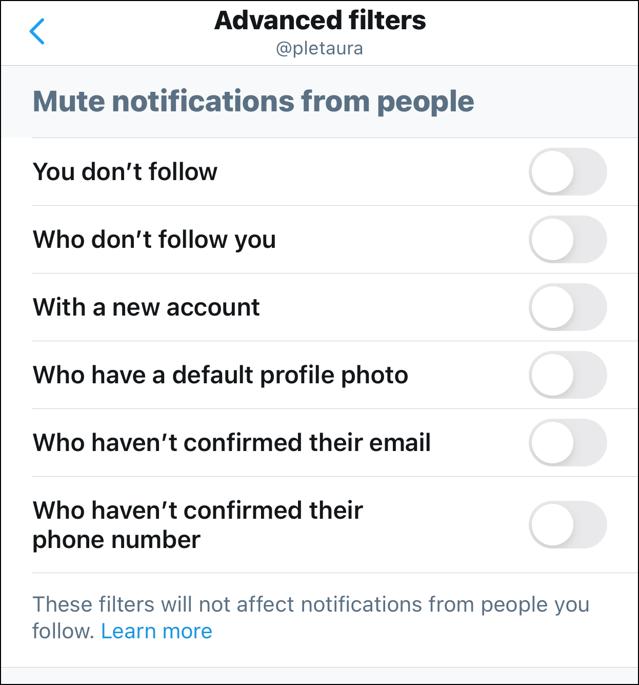 disable notification filters to fix twitter notifications not working