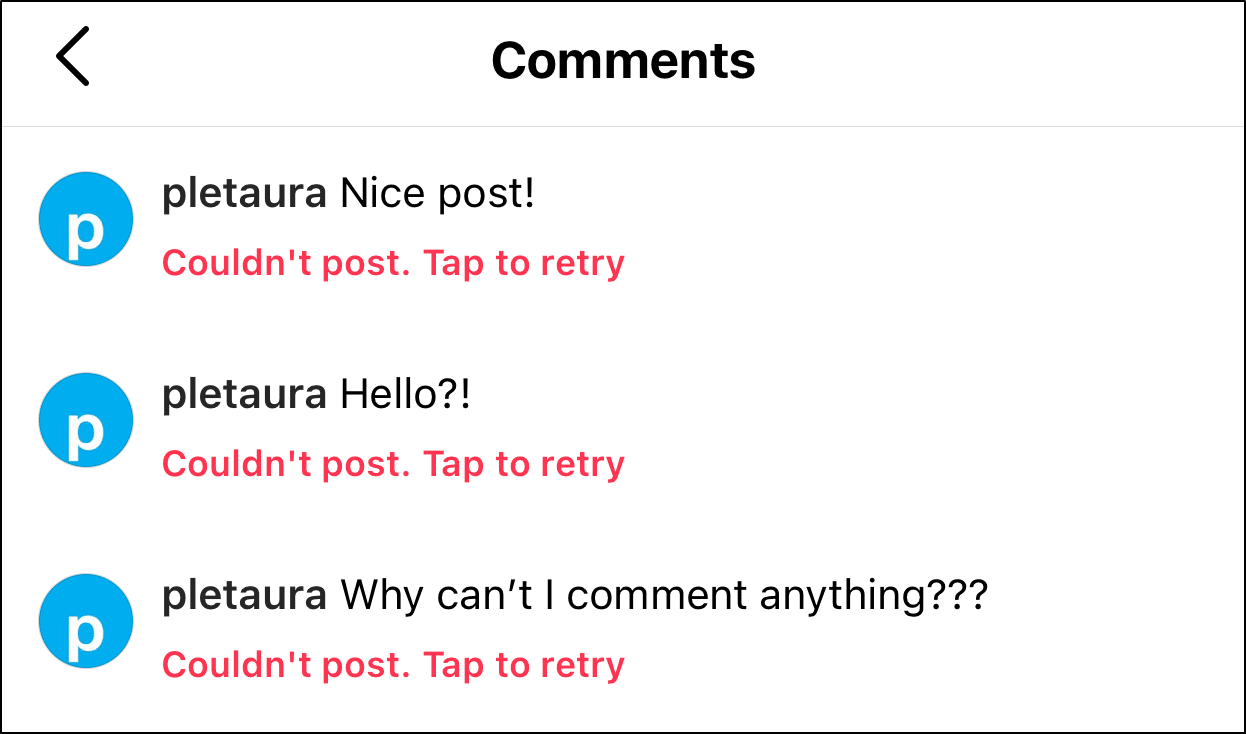 Instagram comments Couldn't post error or not showing