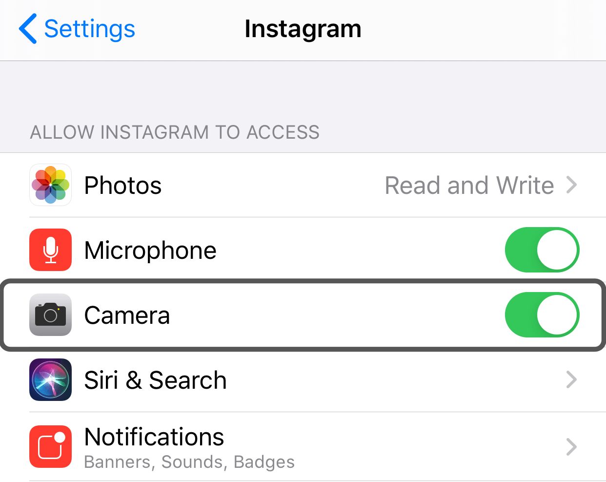 Check if Instagram is allowed access to your iPhone’s camera through Settings to fix instagram live not working