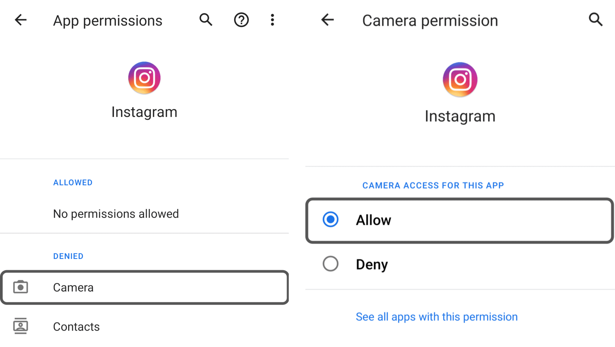 Check if Instagram app allowed access Android phone’s camera through settings to fix instagram live not working