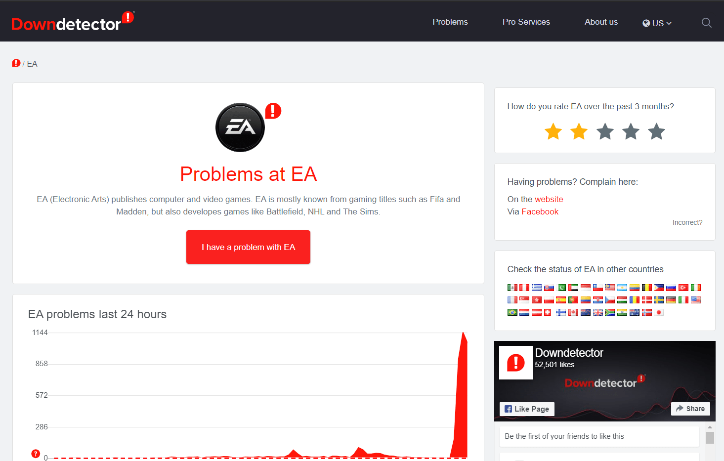 Check EA server status at Down Detector to fix unable to connect to EA servers error