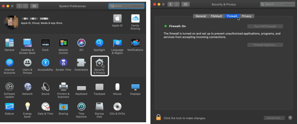 disable firewall on mac to fix