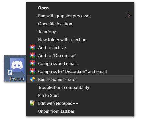 Run Discord as administrator to fix the Discord search bar or function not working or showing no results