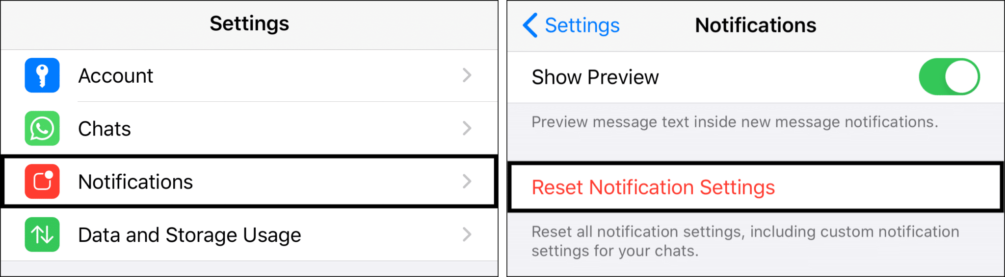 Reset whatsapp notification settings to fix whatsapp calls not ringing iPhone
