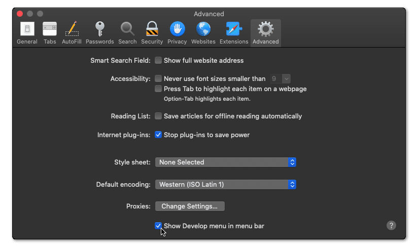 show Develop menu in menu bar through safari settings on macOS to disable WebRTC and fix Netflix not working with VPN or Proxy Error