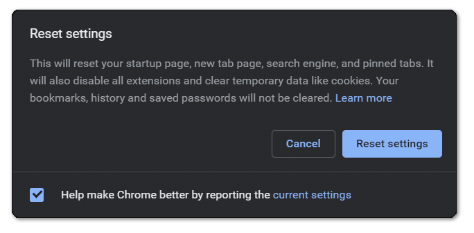 reset google chrome settings to fix Facebook Games not working or loading