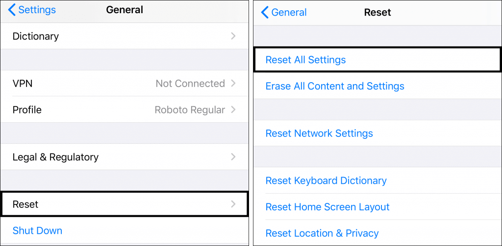 reset settings on iOS or iPhone to fix Instagram 'No internet connection' or 'An unknown network error has occurred'