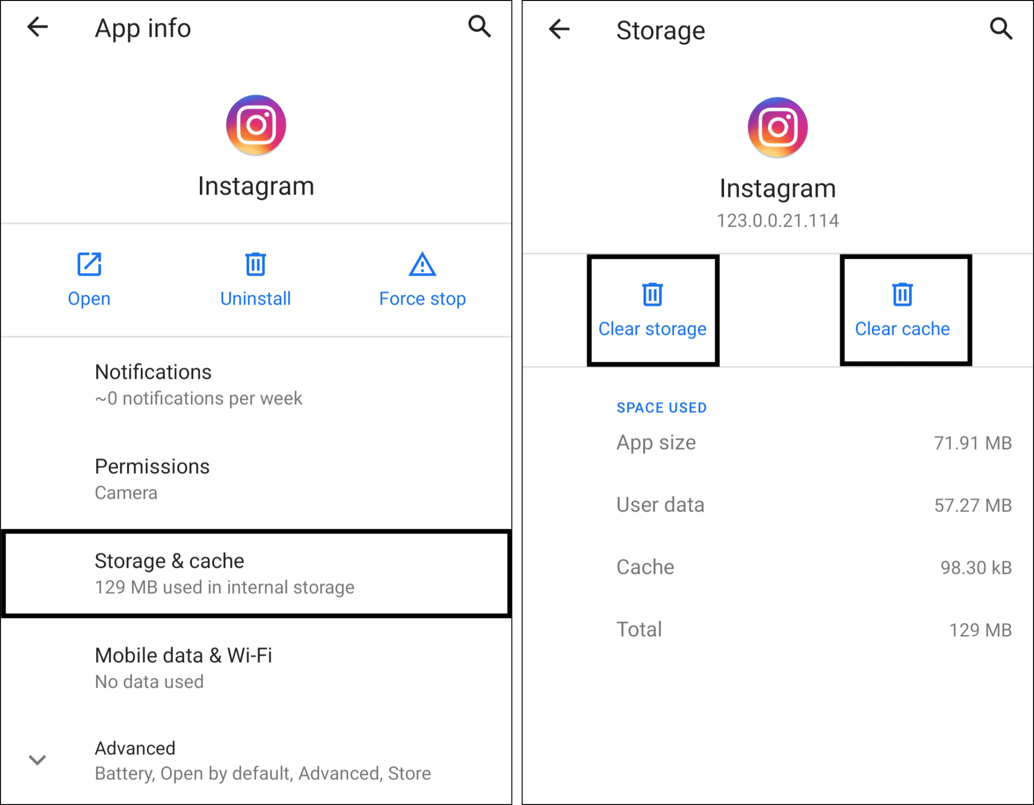 clear instagram cache and app data on android