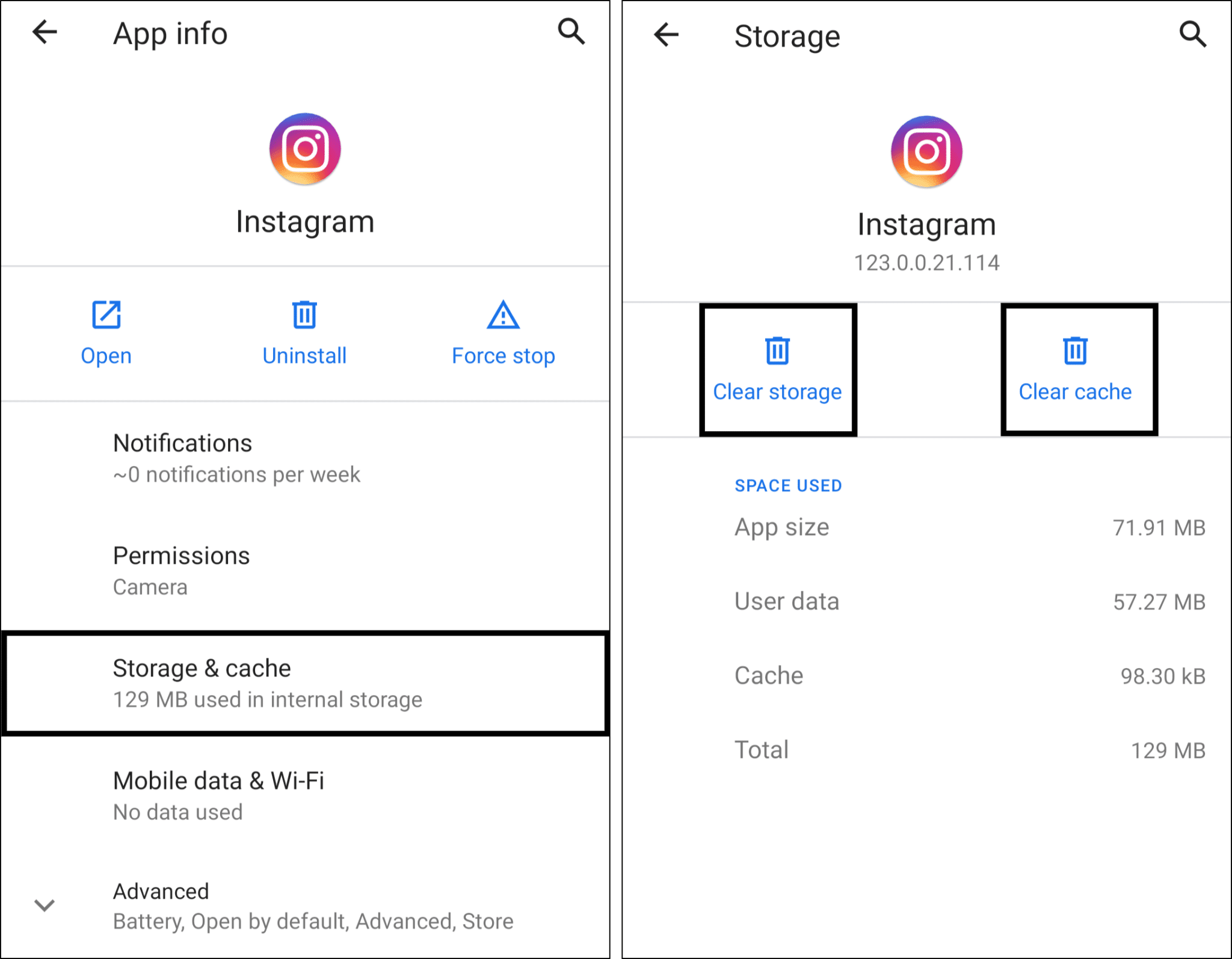 clear instagram cache and app data on android to fix instagram music not working