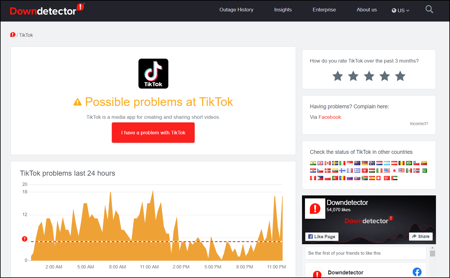 check tiktok server status on downdetector to fix TikTok liked videos disappeared, not showing, updating, saving or working