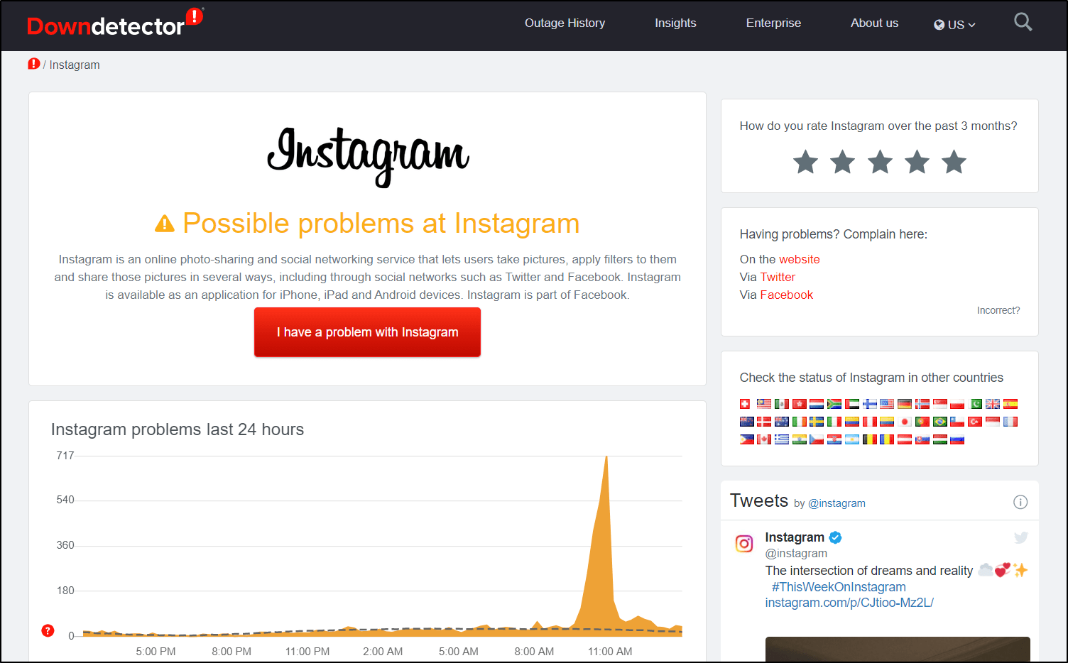 check the Instagram server status on downdetector