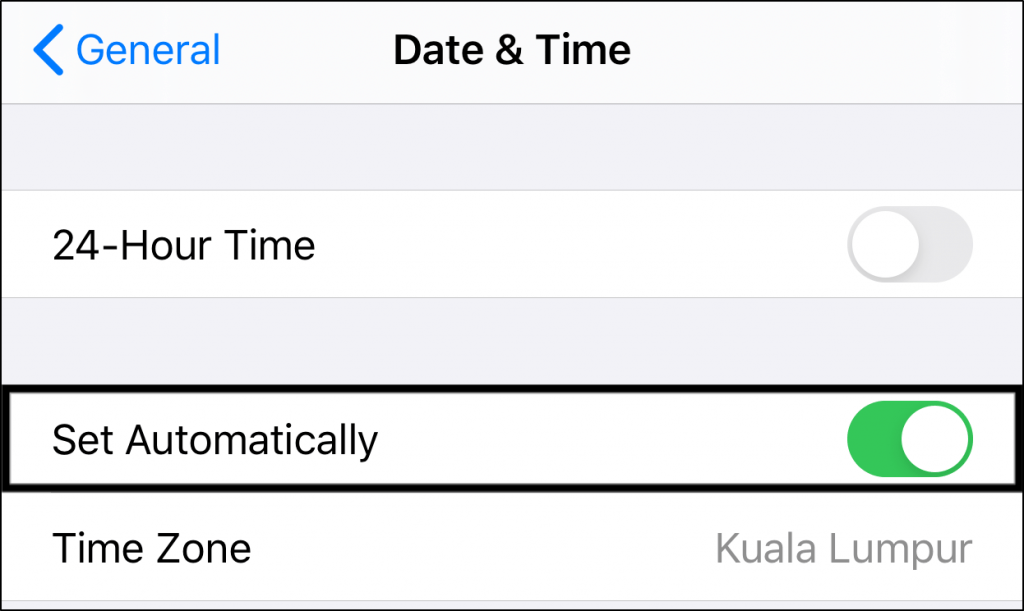 set date and time settings automatically on iPhone to fix Tinder app keeps crashing, freezing, closing, or stopping, "unfortunately tinder has stopped"