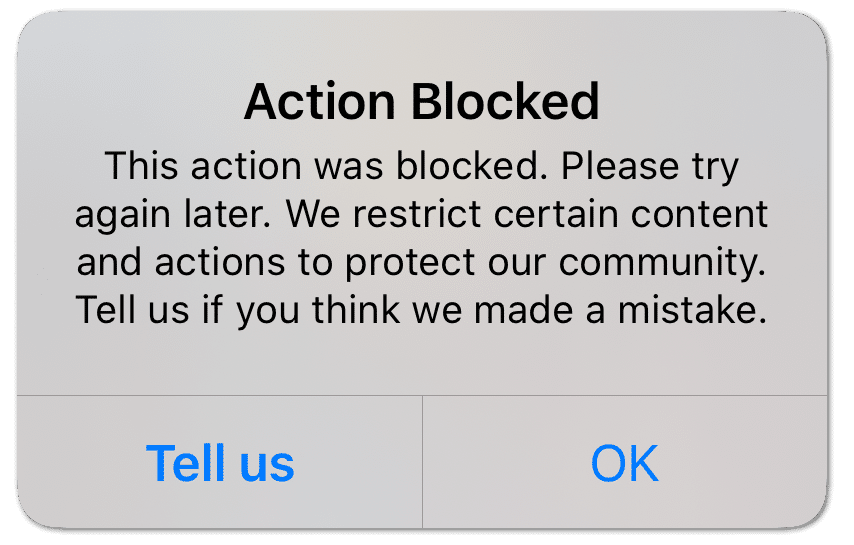 Instagram Action Blocked error or messages not sending, loading, or working
