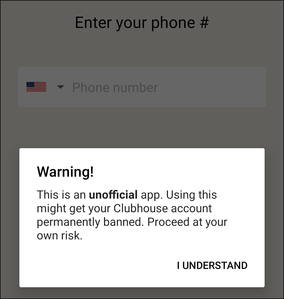 warning message of downloading and installing third-party clubhouse app on Android