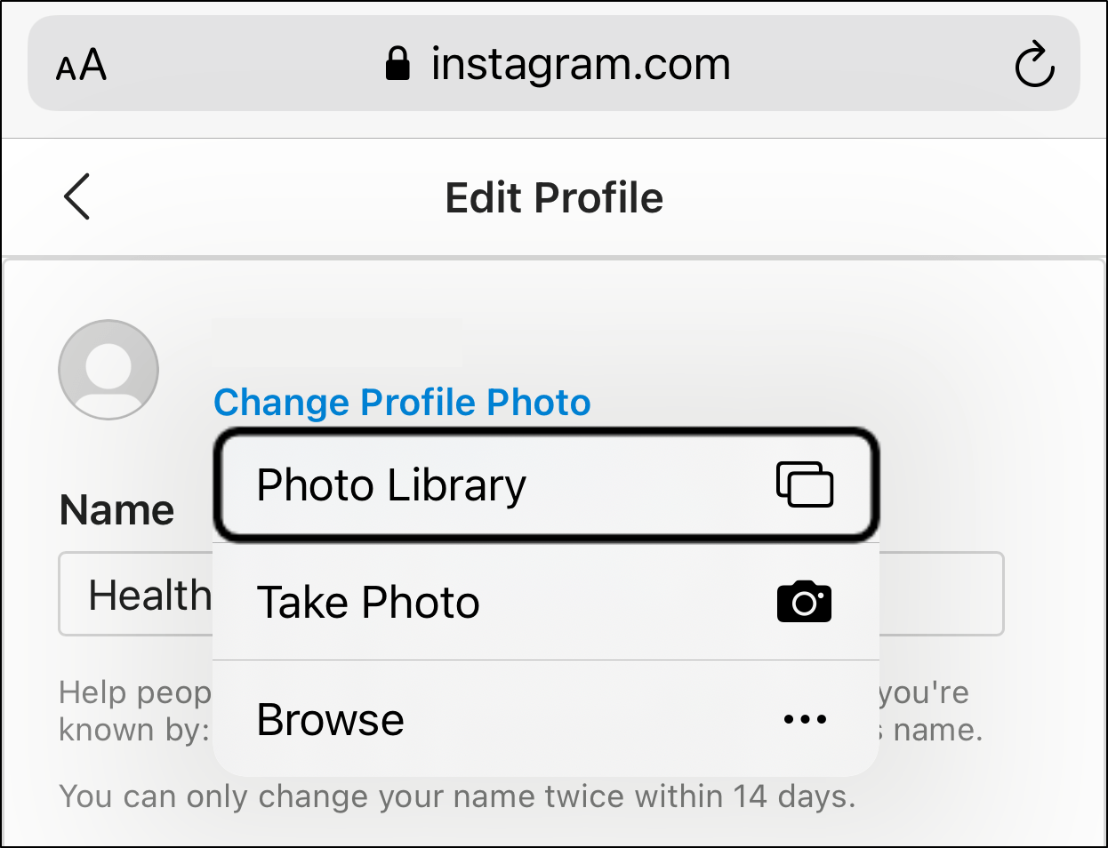 change Instagram profile picture through Web Browser App to fix not showing or changing