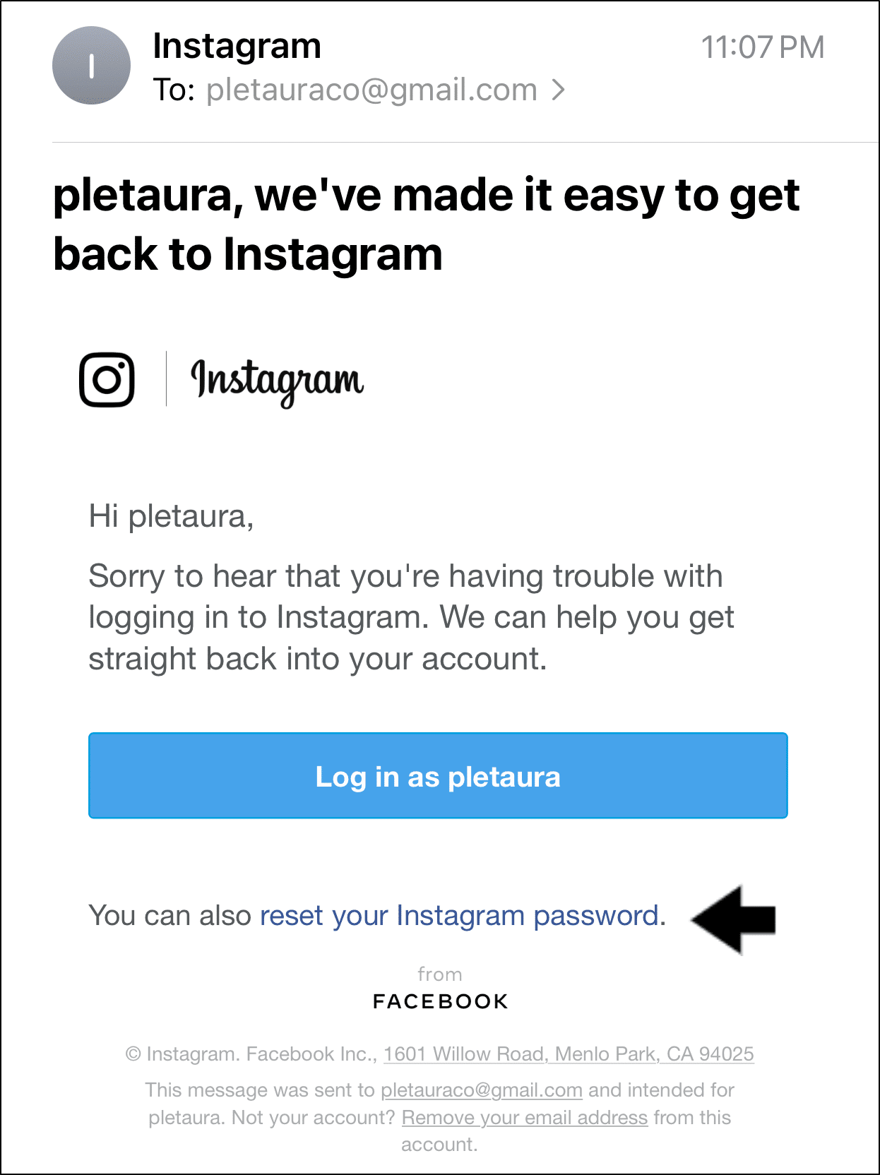 reset instagram account password to fix can't log in or sign in