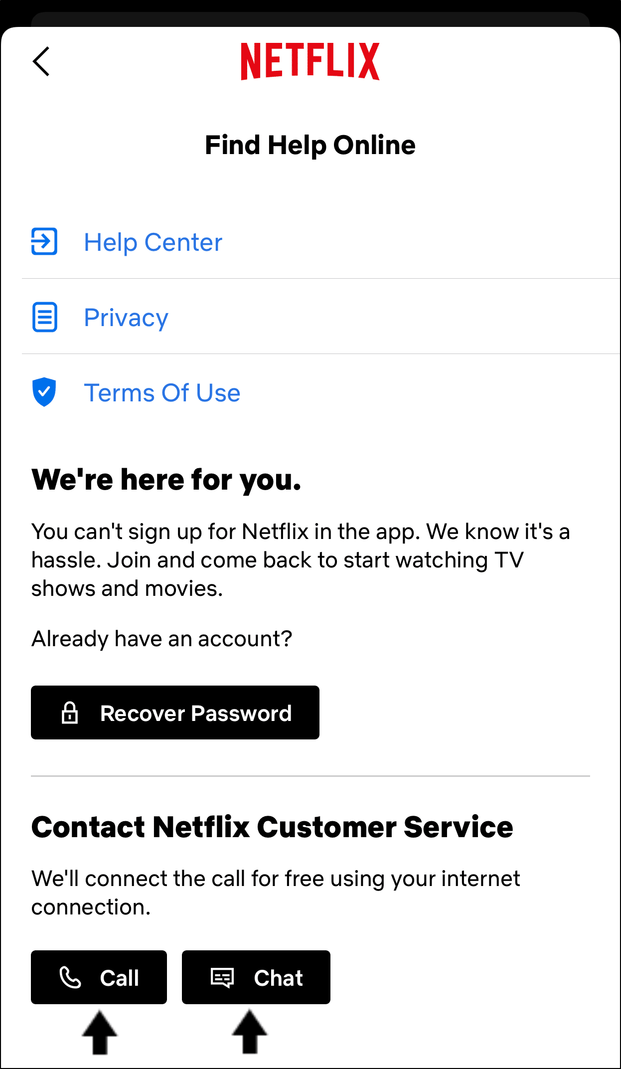 contact Netflix customer service through app to fix search bar not working