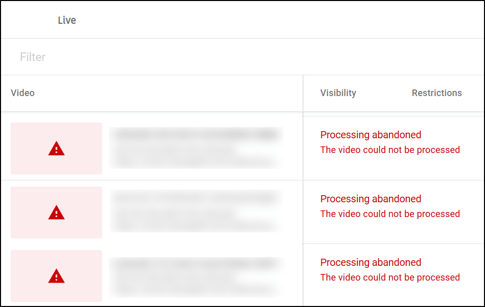 YouTube video not uploading or "processing abandoned. The video could not be processed" error