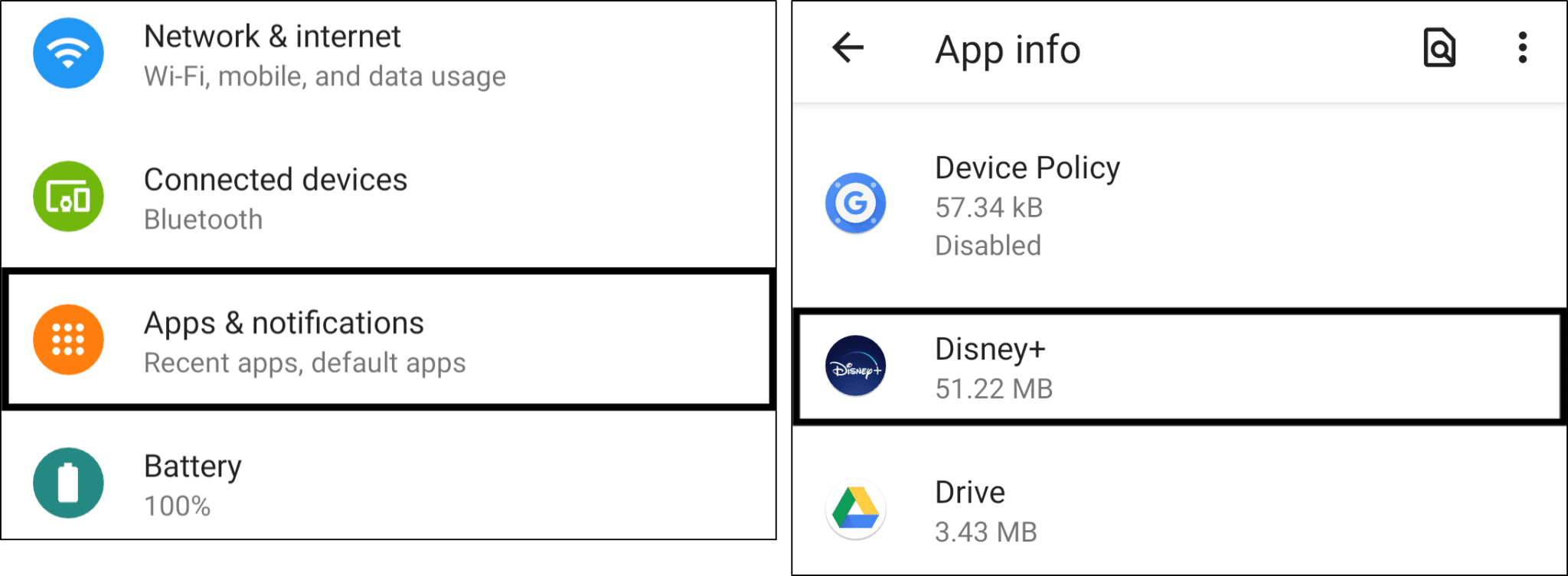 access Disney Plus app settings in system settings on Android