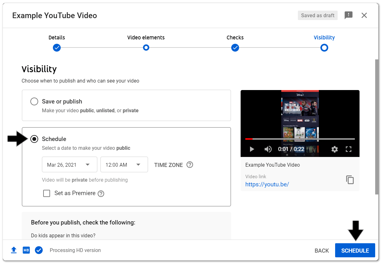 schedule YouTube video to upload later to fix video not uploading or stuck on processing