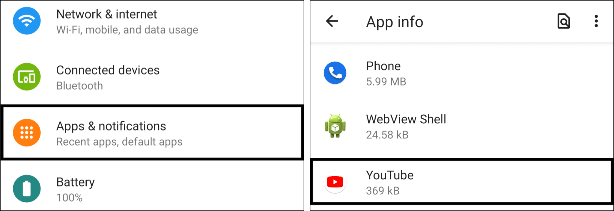 access YouTube app settings in system settings on Android to enable storage permissions to fix YouTube offline downloads not working or playing