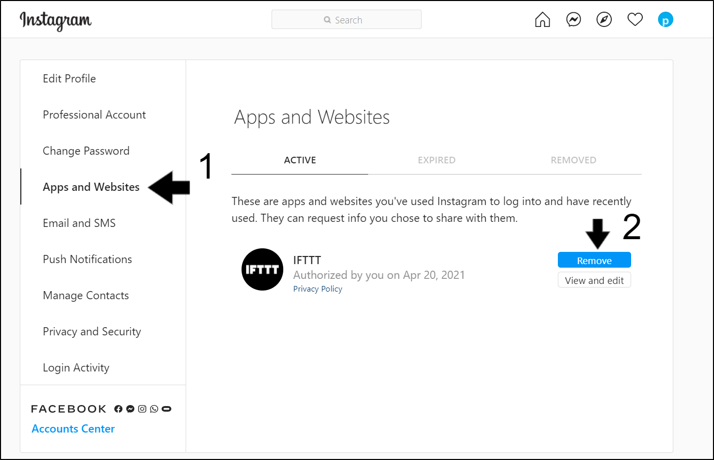 remove connected apps and websites from Instagram account to fix post captions not showing up in feed