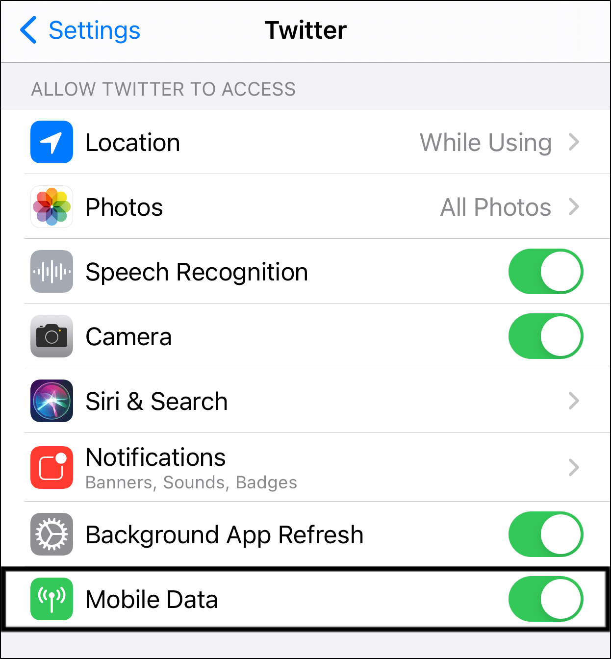 allow mobile data access for Twitter app through settings on iPhone or iPad to fix images or photos not loading or showing