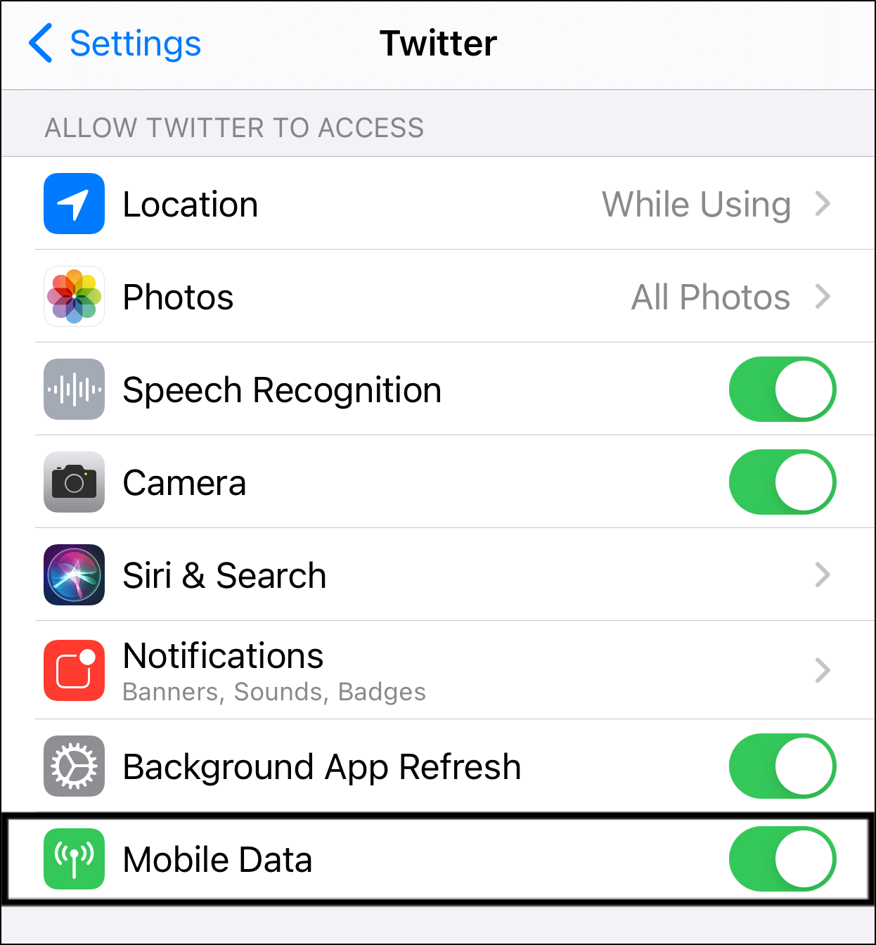 allow mobile data access for Twitter app through settings on iPhone or iPad