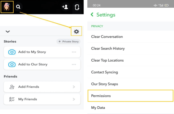 enable Snapchat permissions through app settings to fix stories and snaps not loading or showing