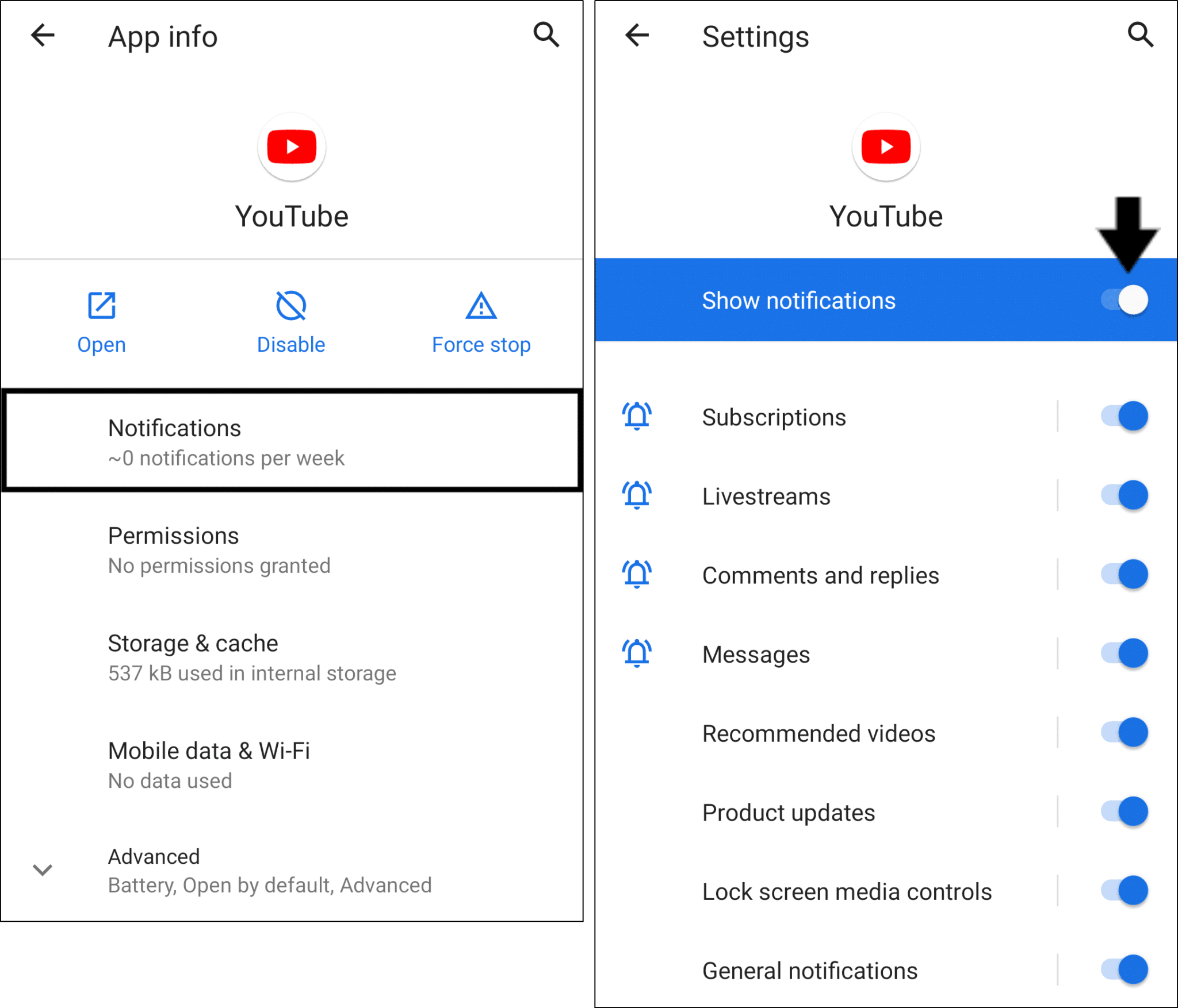 Enable your device’s notification settings on Android to fix YouTube notifications not working