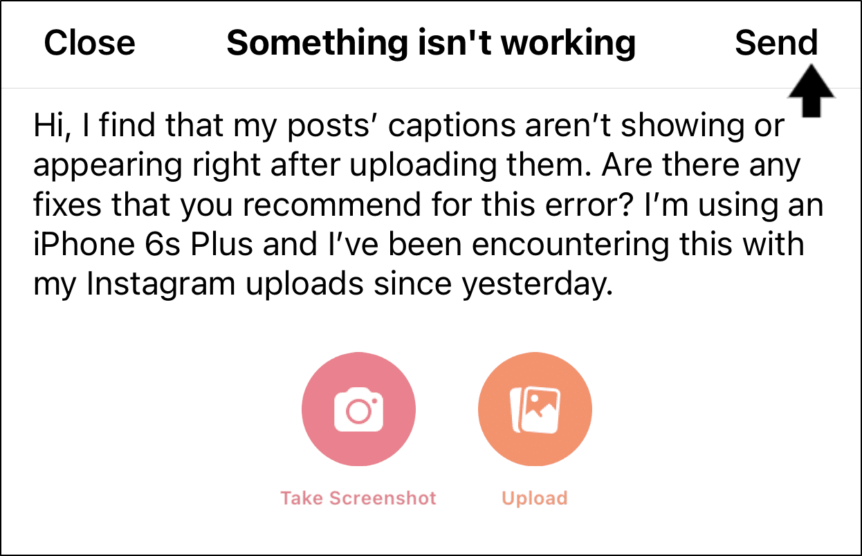 contact Instagram help to fix post caption not showing up in feed